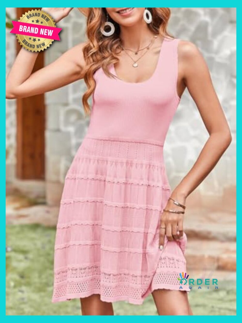 Flowy Knit Crochet Hem Tank Sundress Casual Sleeveless Mini Dress Bohemian - Picture 2 of 7